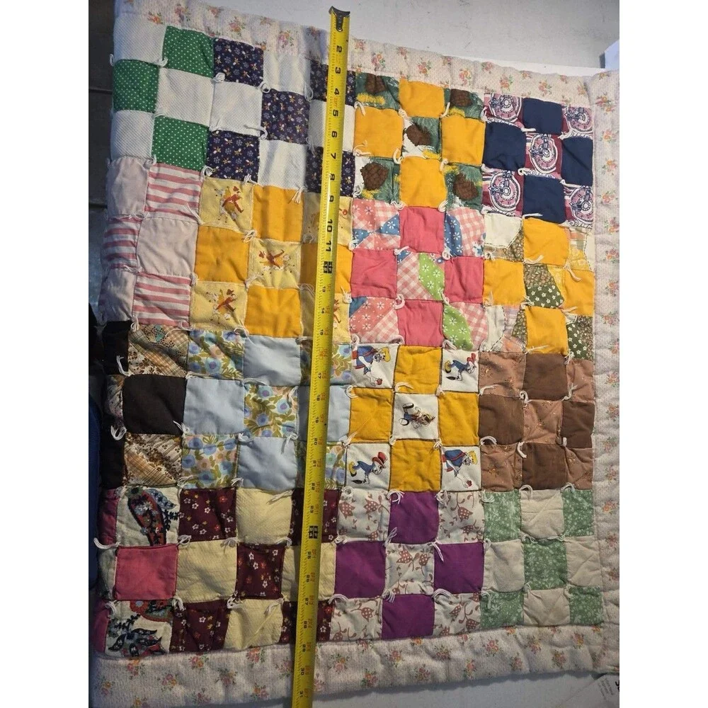 Vintage 1970’s handmade Patchwork quilt-Mod fabric squares Disney-White Backing